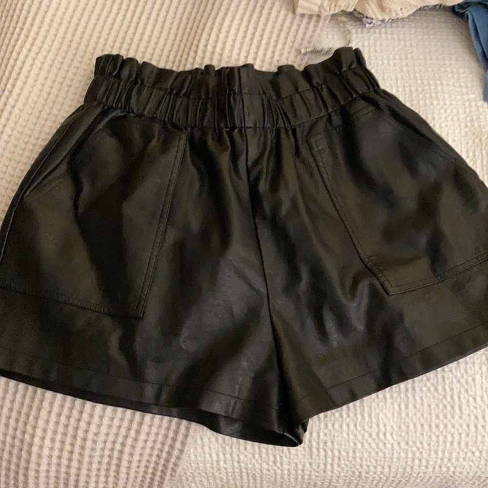 Never been worn black leather paper bag shorts